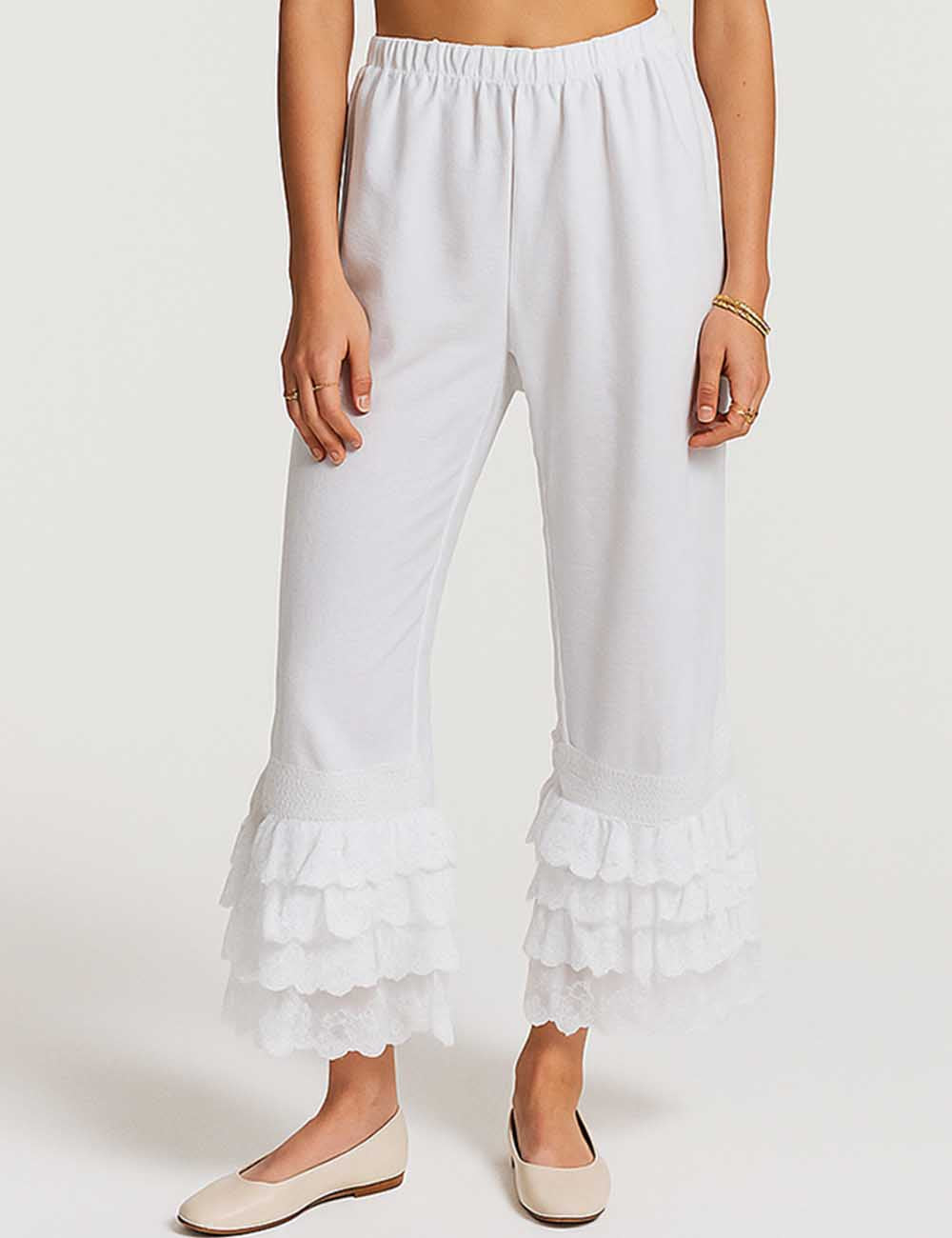 Ladies Elastic Waist Ruffle Floral Embroidery Wide Leg Pants