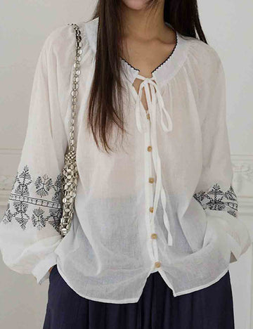 Ladies V-Neck Embroidery String Tie See Through Blouse