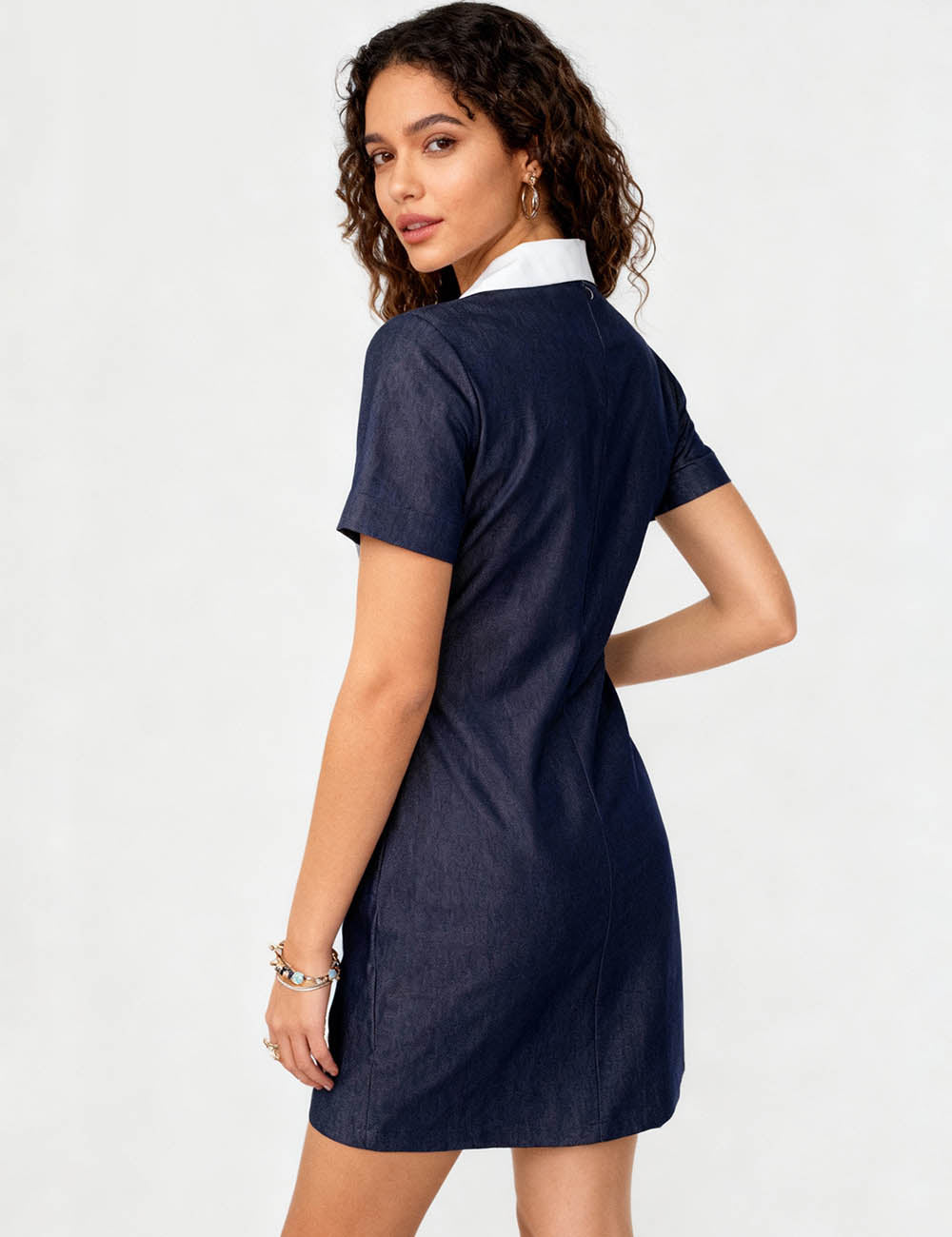Ladies Color Block V-Neck Button Front Shirt Mini Dress