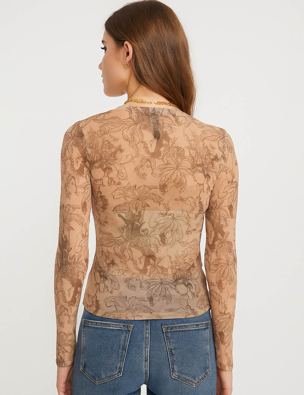 Ladies Chic Floral Print Layering See Sheer Long Sleeves Mesh Top
