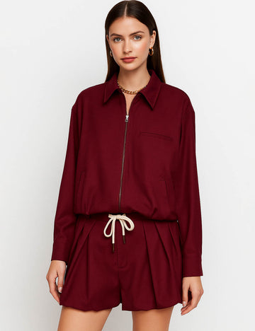 Ladies Turn Down Collar Zipper Front Long Sleeves Jacket