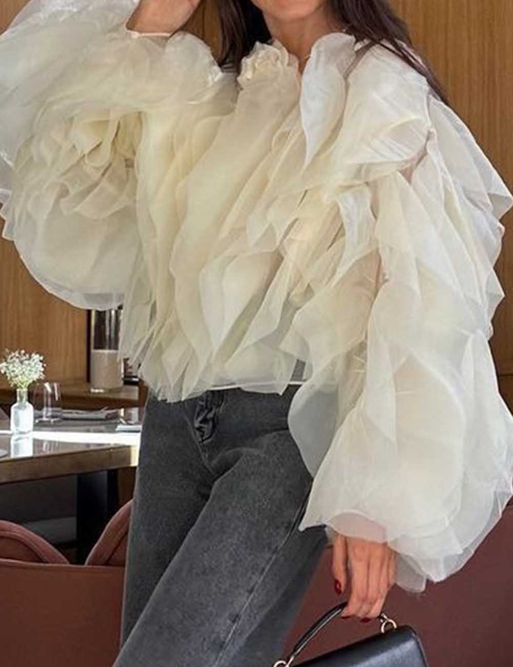 Ladies Round Neck Tiered Ruffle Long Sleeves Mesh Blouse