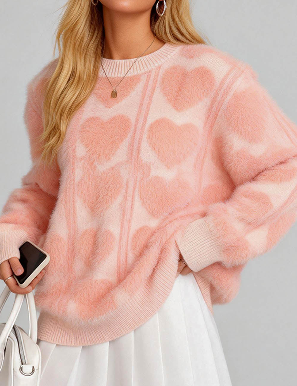 Ladies Valentine's Heart Faux Mink Fur Pullover Sweater