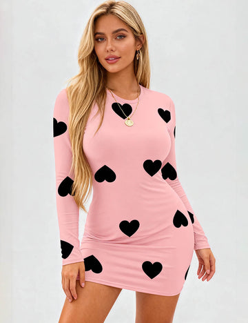 Ladies Heart Print Round Neck Bodycon Mini Dress