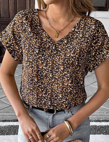 Ladies Mutilcolor Floral Print V-Neck Short Sleeves Blouse