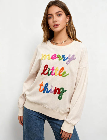 Ladies Merry Christmas Embroidery Corduroy Sweatshirt