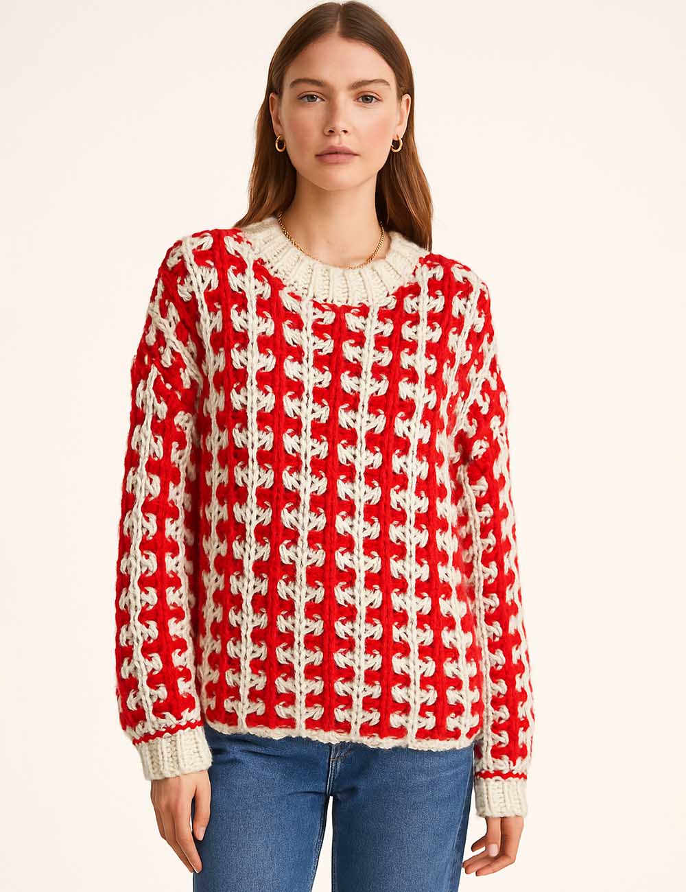 Ladies Chunky Knit Color Block Round Neck Sweater