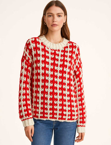 Ladies Chunky Knit Color Block Round Neck Sweater