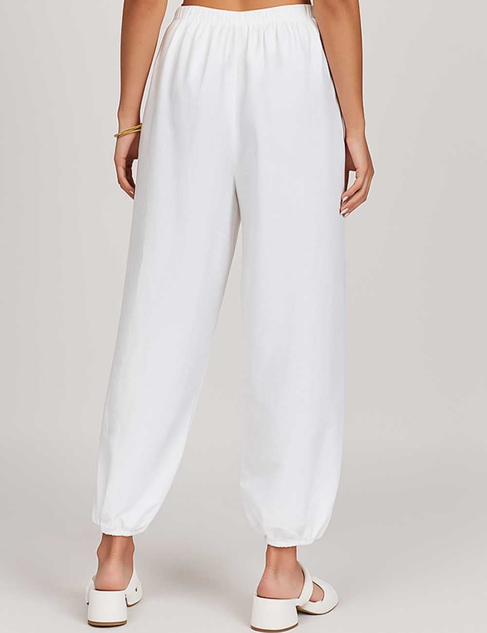 Ladies White Elastic Waist No Pocket Blend Bloomer Pants