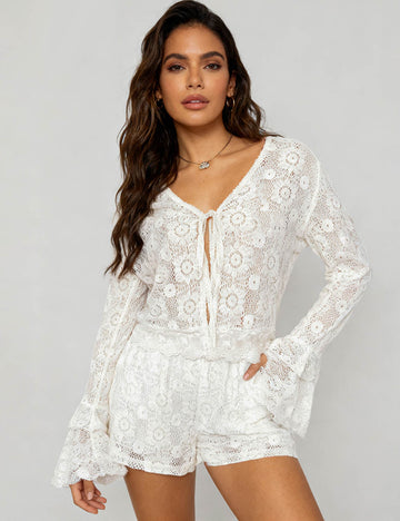 Ladies Floral Hollow Out Lace Hem Knit Top & Shorts Set