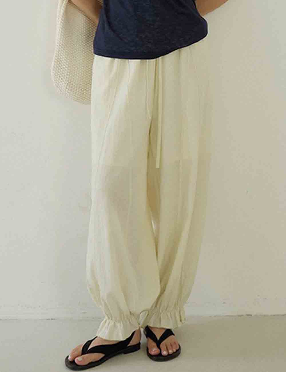 Ladies Solid Color Elastic Waist Tie Balloon Pants