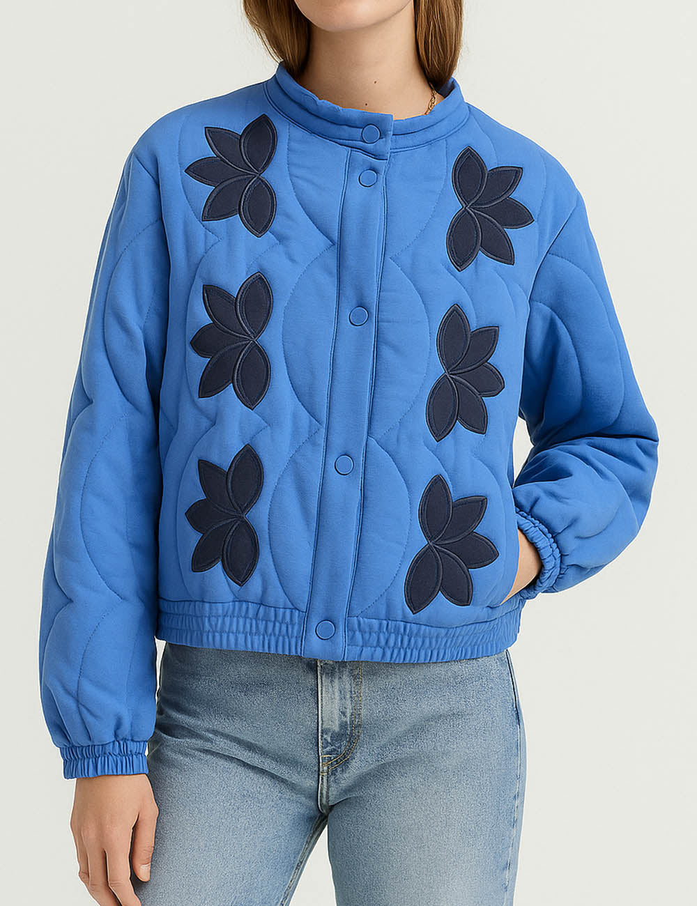 Ladies Floral Embroidery Stand Collar Quilted Cotton Jacket