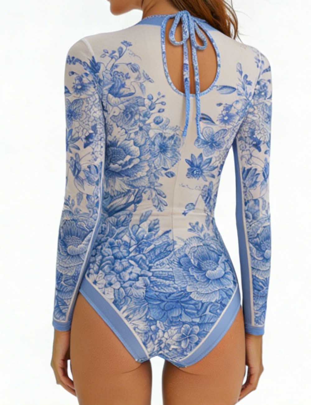 Ladies Floral Print Long Sleeves One Piece & Sarong Swimwear Set