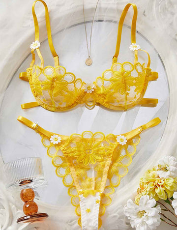 Ladies Sexy Daisy Embroidery Sheer Mesh Lingerie Set