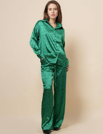 Ladies Leopard Satin Trundown Collar 2PCS Pants Set SKST4960