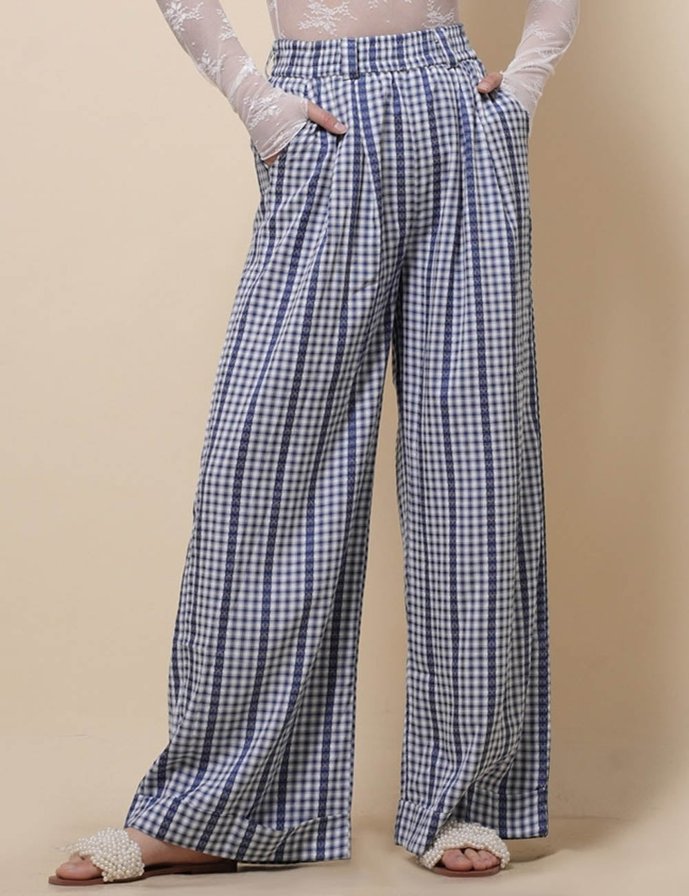 Ladies Checked Elastic Waist Wide Leg Pants SKP51102