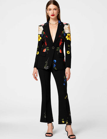 Ladies Floral Print Flared Leg Blazer & Pants 2PCS Suit Set