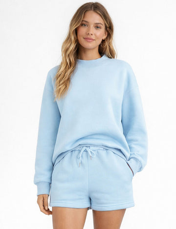 Ladies Casual Fleeced Mock Neck Sweatshirt & Shorts Matching Set