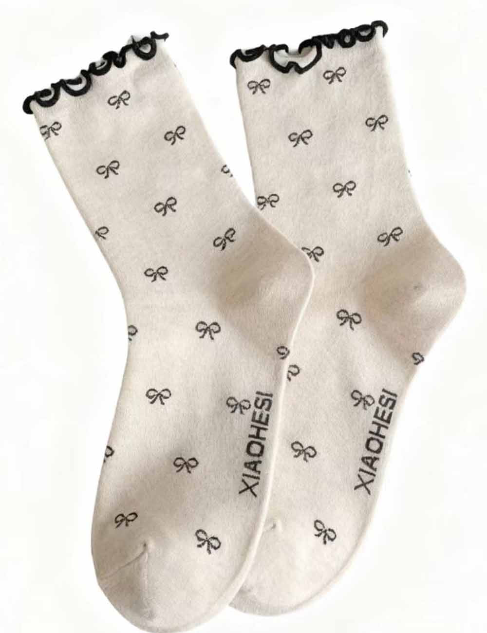 Ladies Bow Pattern Lettuce Edge Knit Midi Calf Socks