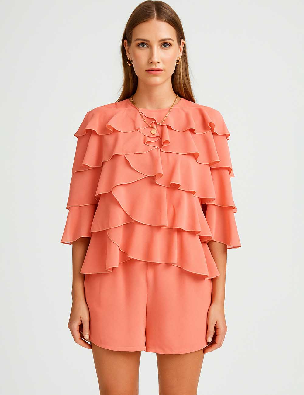 Ladies Tiered Ruffle Blouse Wide Leg Shorts 2PCS Set