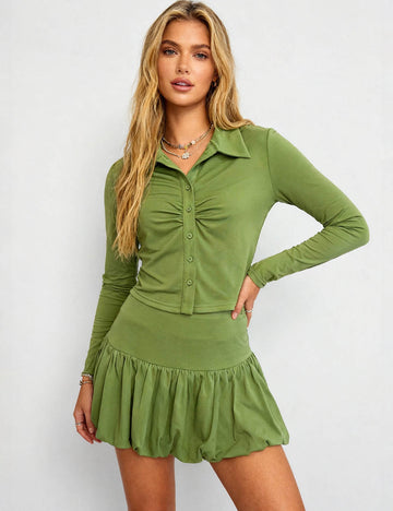 Ladies Ruched Collared Button Top Puffy Hem Mini Skirts Set