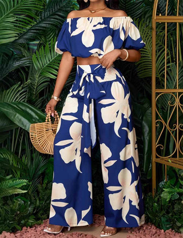 Ladies Floral Print Off-Shoulder Cropped Top & Pants Set 