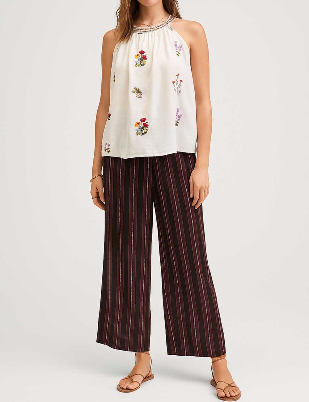 Ladies Flower Jacquared Halter Sleeveless Striped Top & Pants Set