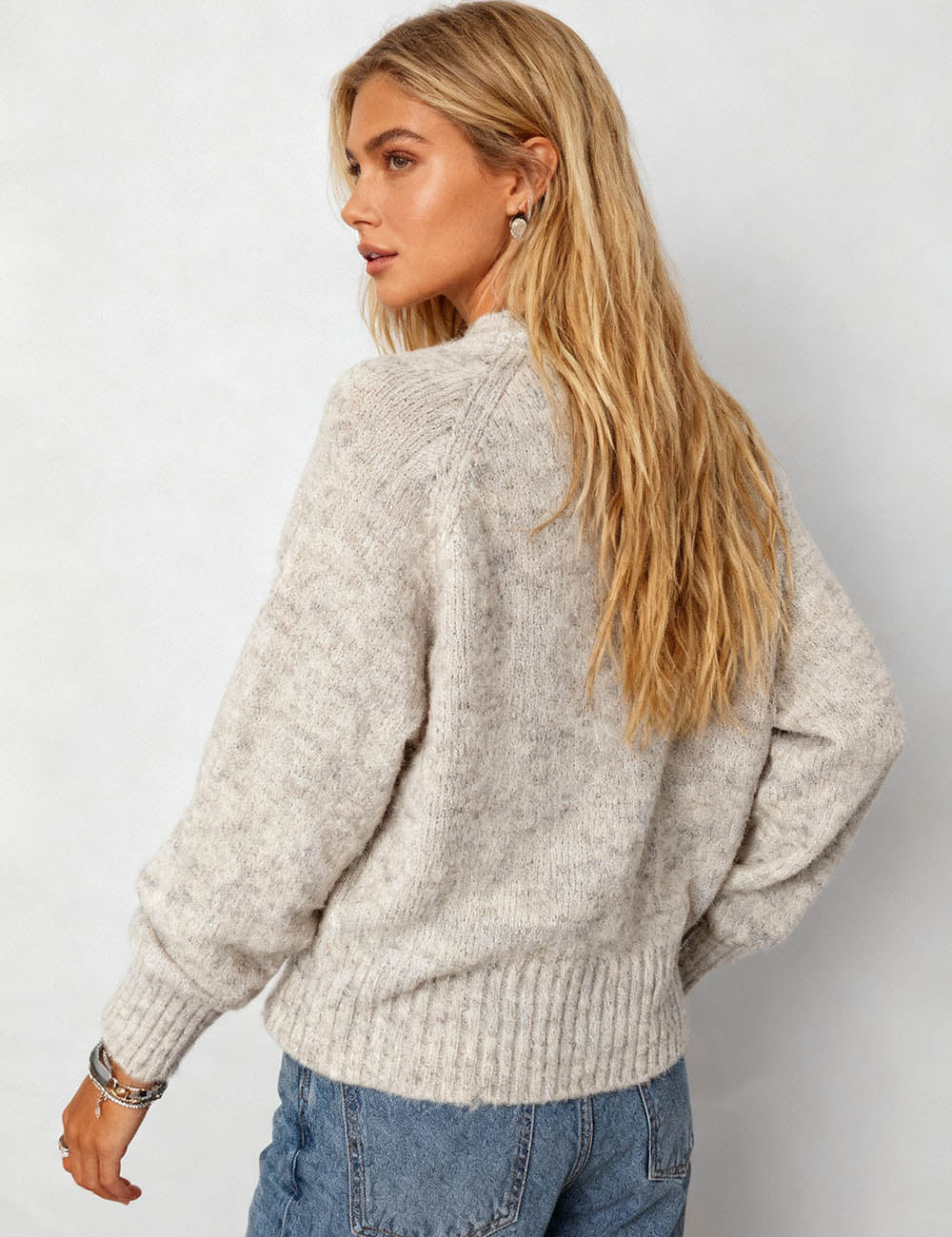 Ladies Round Neck Bow Pattern Ribbed Trim Knit Sweater