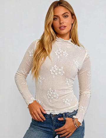 Ladies Floral Embroidery Mock Neck Sheer Layering Top