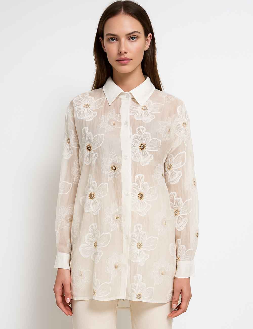 Ladies Floral Embroidery Blouse Beading Turndown Collar Shirt