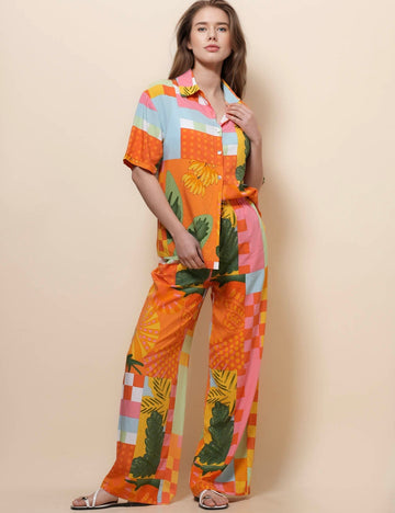 Ladies Turn Down Collar Short Sleeves Top & Pants Set SKST51033
