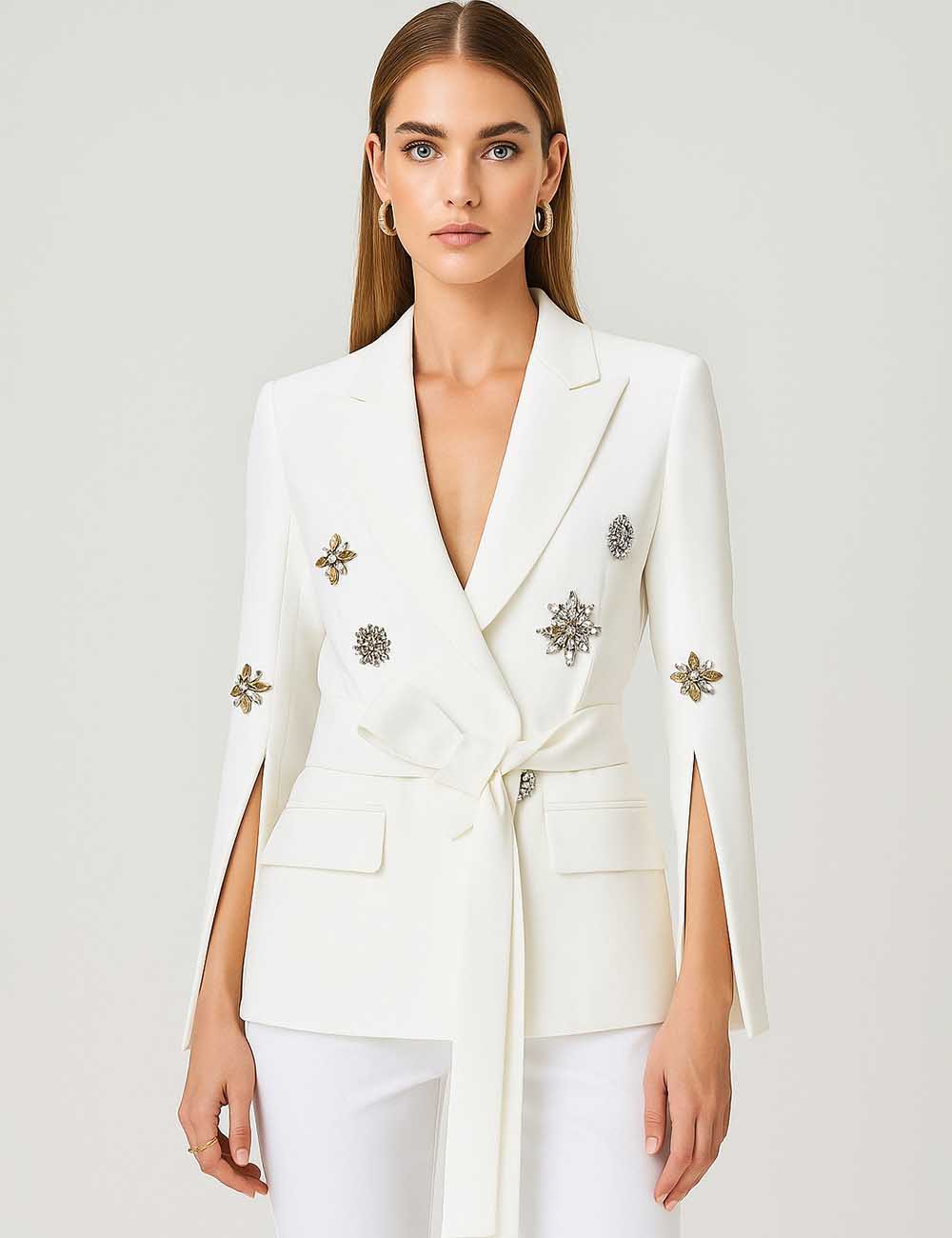 Ladies Rhinestone Waist Belt Long Sleeves Vent Long Blazer
