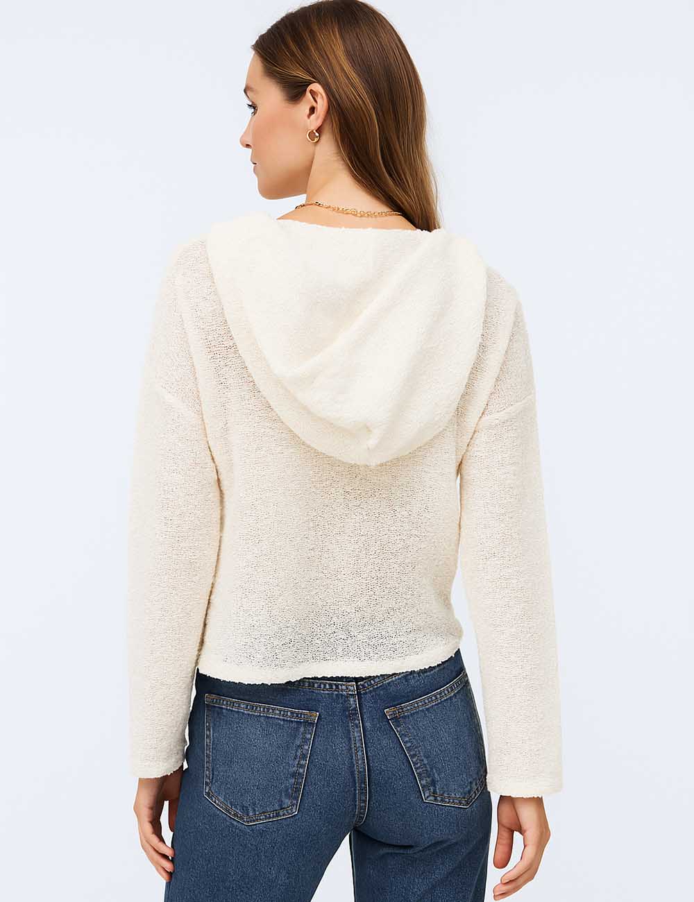 Ladies Solid Color See Sheer Dotted Knit Hooded Sweatshirt