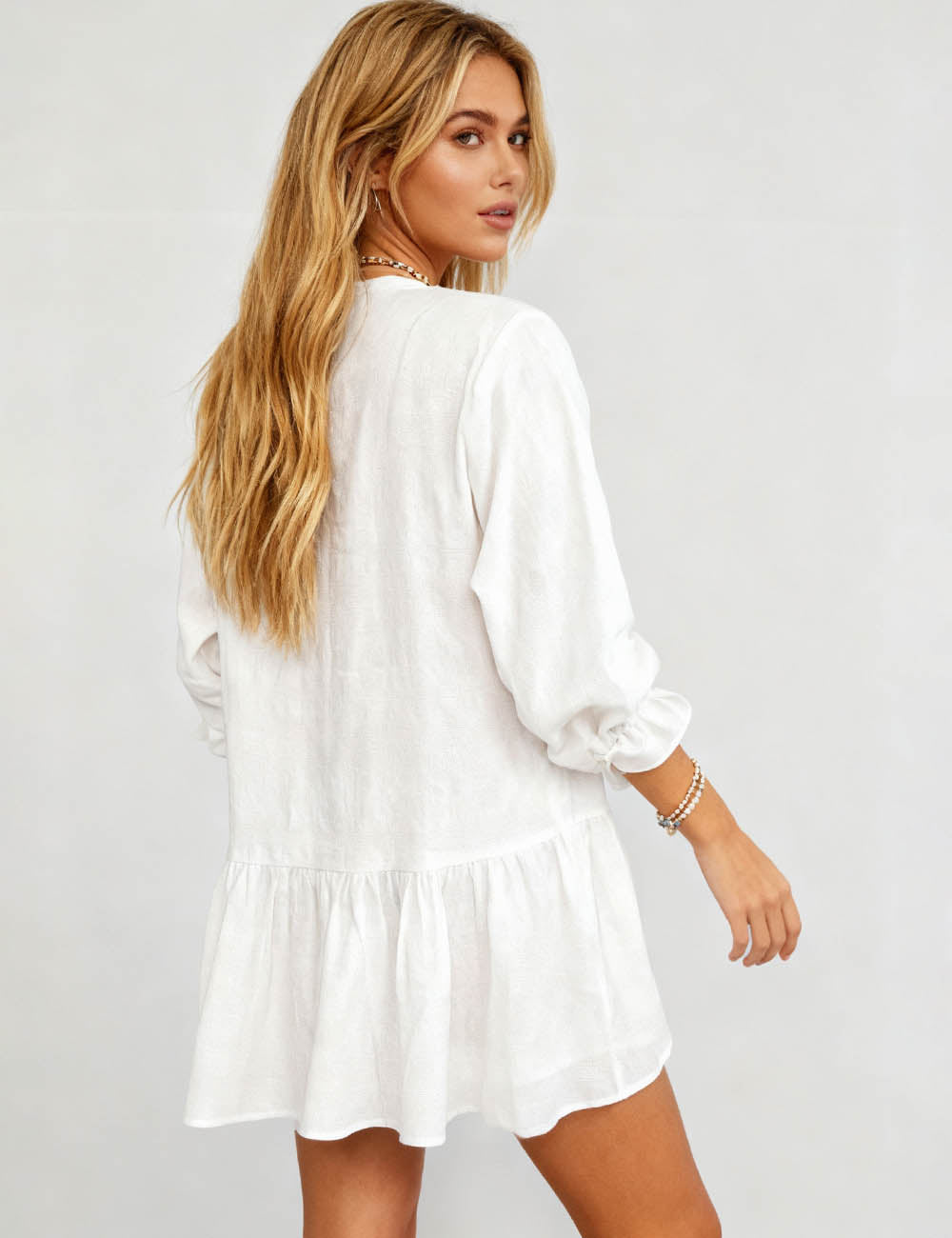 Ladies Boho Embroidery Tassel Tie Neck Tiered Mini Dress