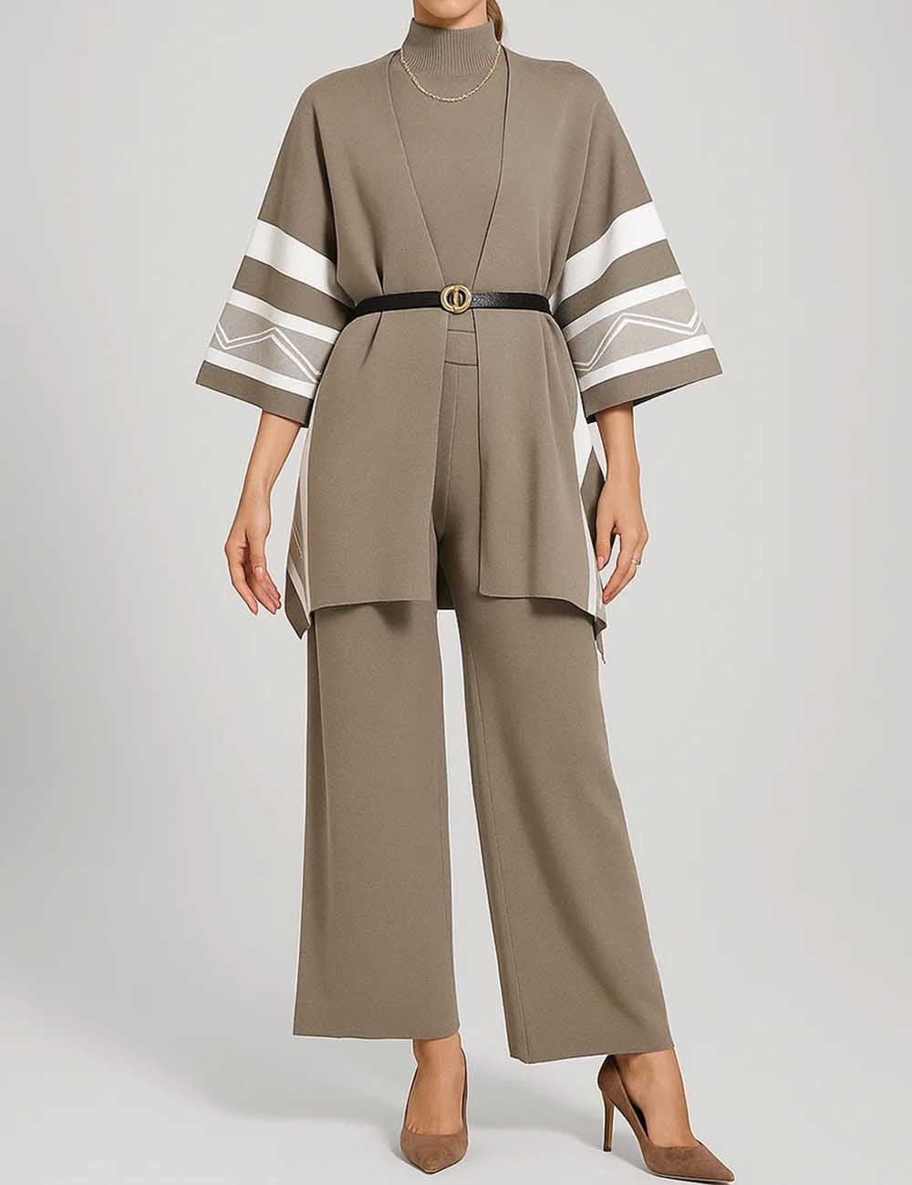 Ladies Knit Sweater& Belt Shawl & Pants 3PCS Set
