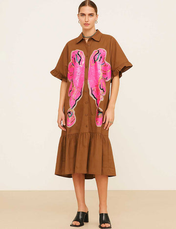 Ladies Butterfly Print Turndown Collar Short Sleeves Midi Dress