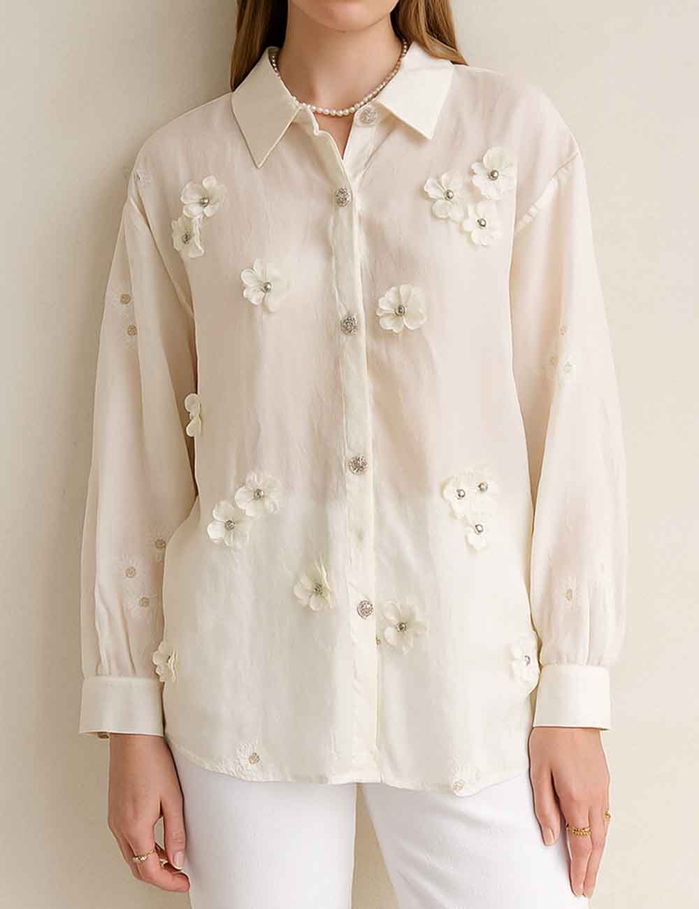 Ladies Embroidery Sheer 3D Flower Beading Turndown Collar Blouse