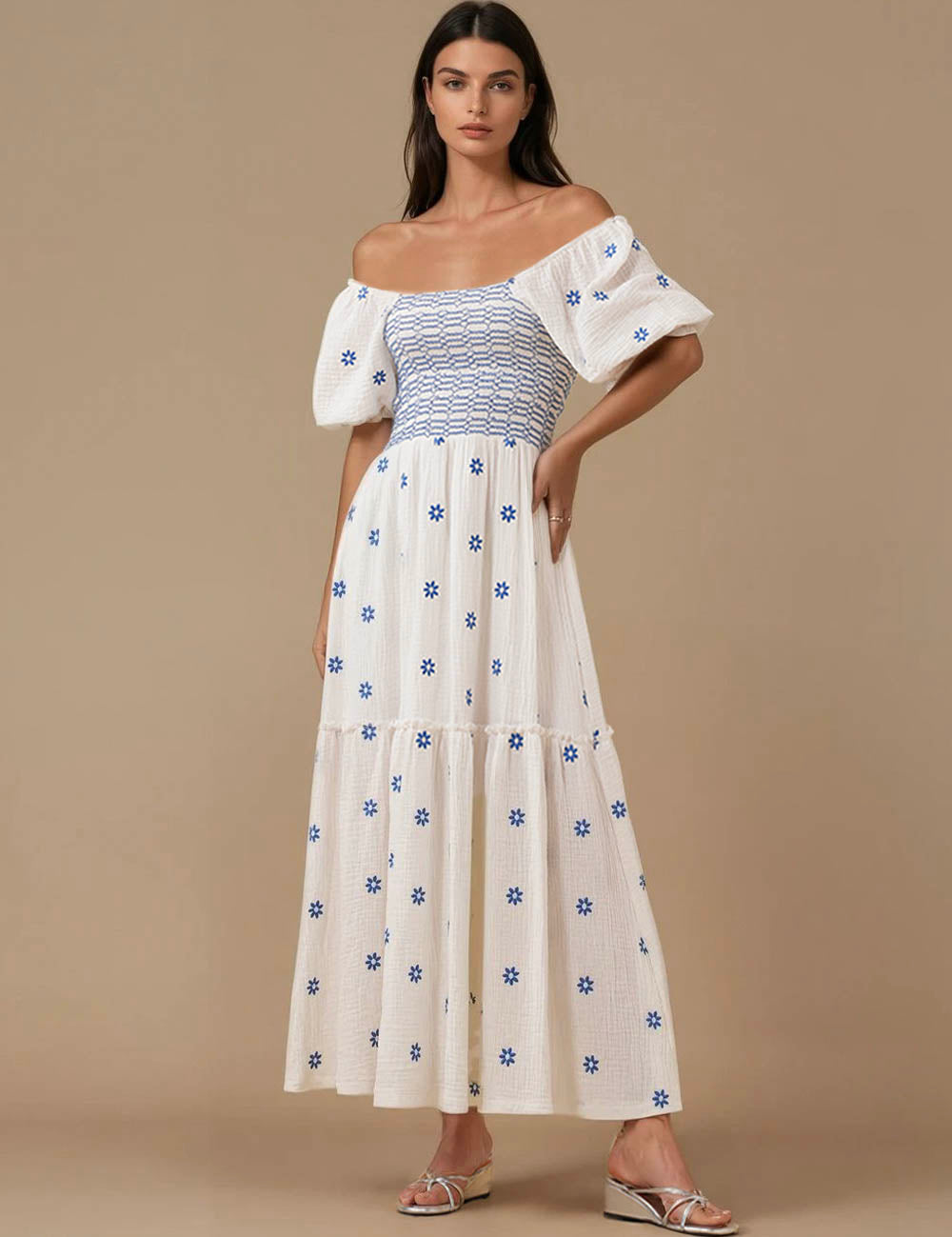 Ladies Color Block Floral Print Short Sleeves Maxi Dress