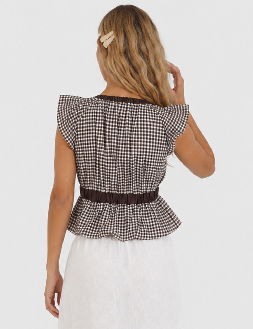 Ladies Plaid Ruffle Sleeveless Bow Tie Peplum Top