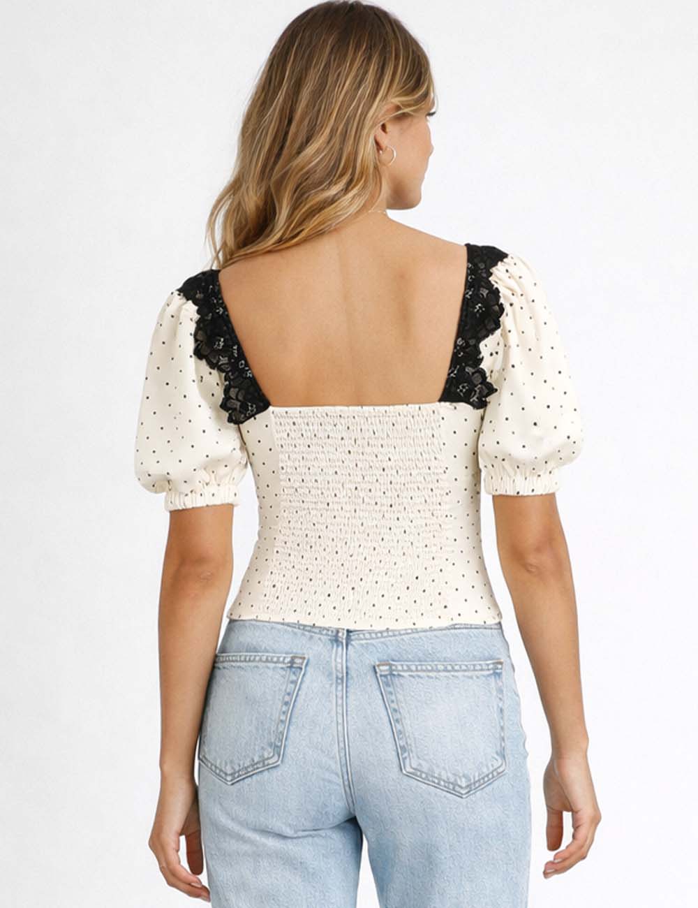 Ladies Chic Polka Dot Square Neck Lace Trim Puff Sleeves Top