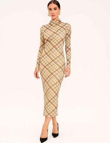 Women Checked Print Turtleneck Bodycon Maxi Dress