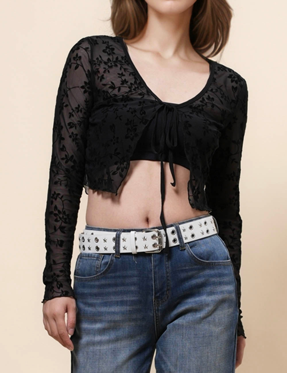 Ladies Floral See Sheer String Tie Mesh Blouse SKT4996