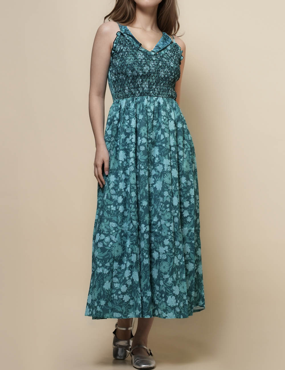 Ladies V-Neck Floral String Shoulder Maxi Dress SKD50415