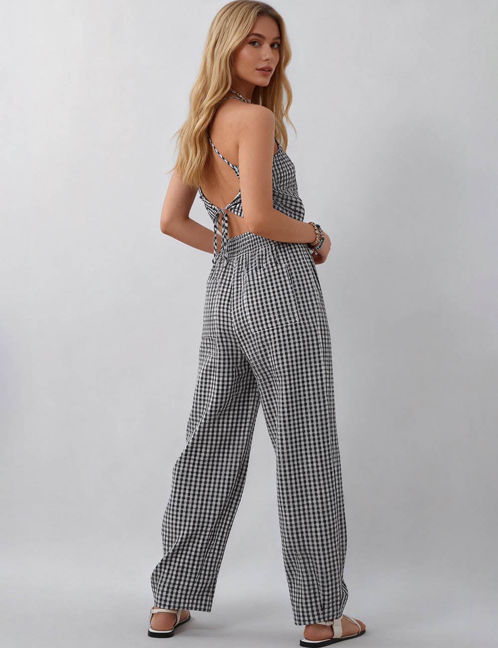 Ladies Color Block Checked Back Tie Straight Leg Jumpsuit