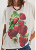 Ladies Pullover Strawberry Flower Print Short Sleeves Tee