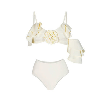 Ladies White Ruffle Bikini Set with Skirt Cover Y210