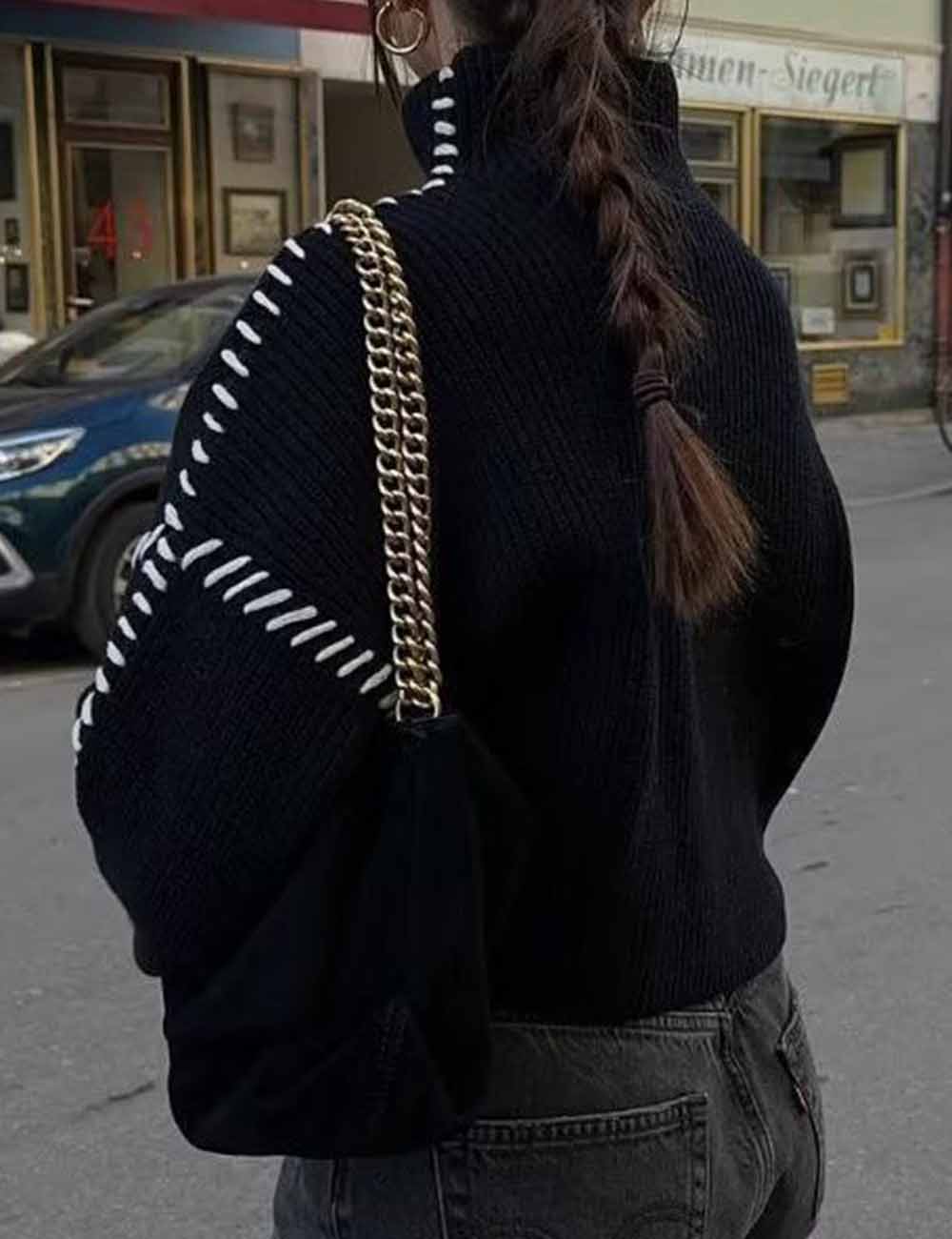 Ladies Color Block Stitching Stand Neck Long Sleeves Sweater