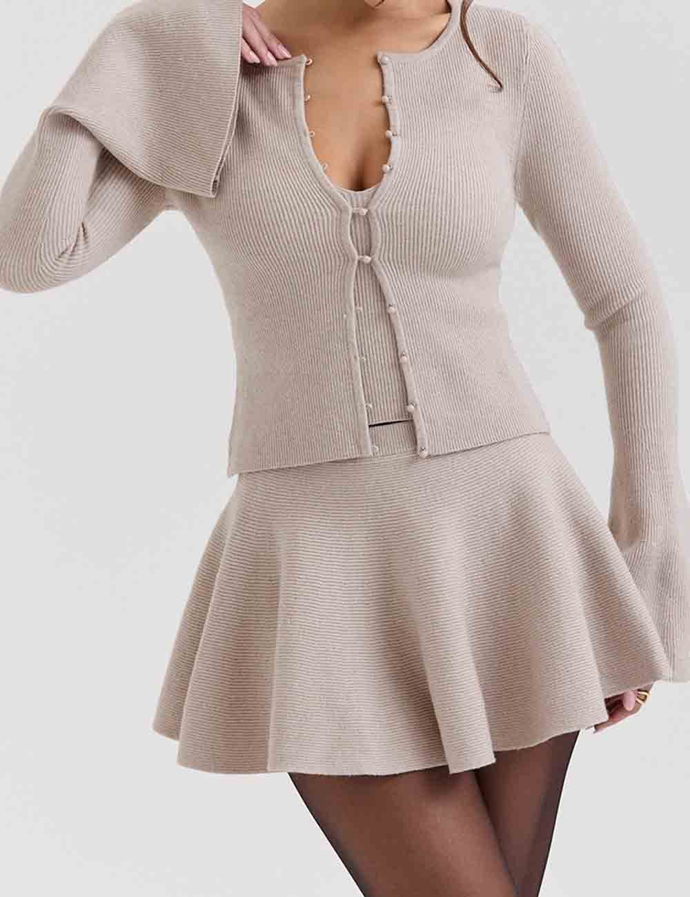 Ladies Pearl Button Knit Cardigan & Skirt 3PCS Set