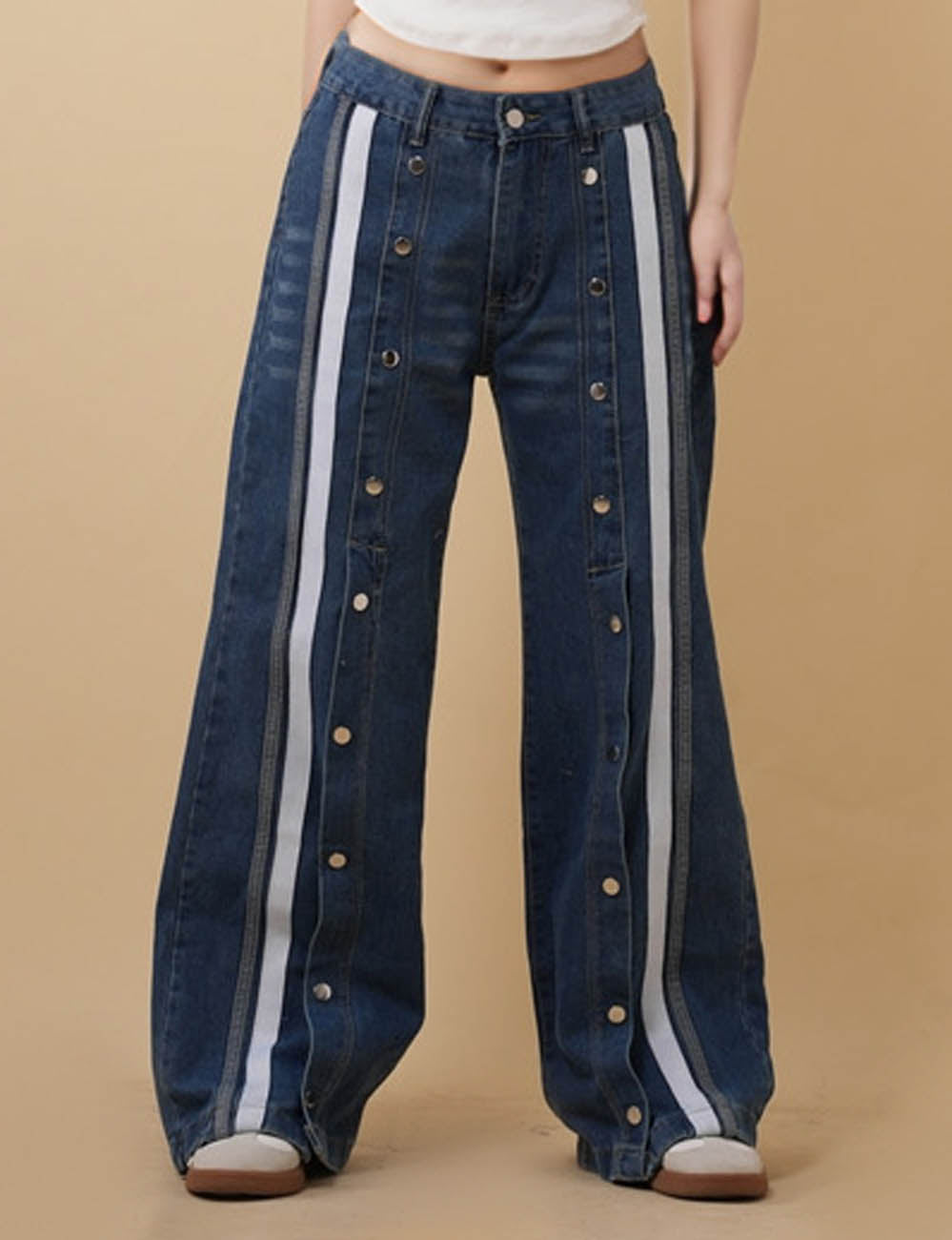 Ladies Color Block Split Button Wide Leg Denim Pants 8SKP51351