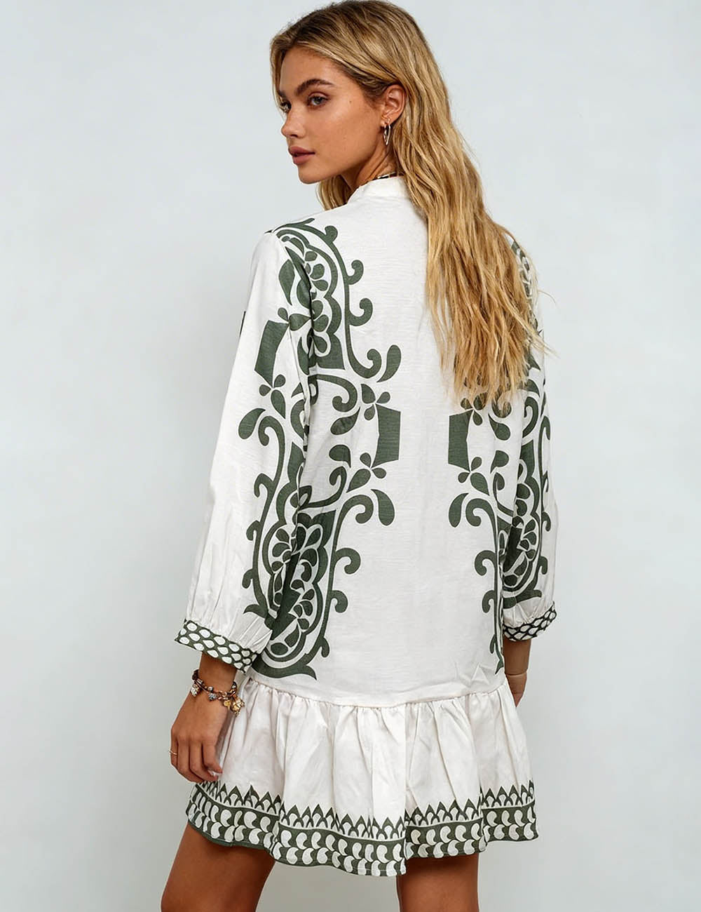 Ladies Boho Print Vacation Tassel Tie-Neck Mini Dress